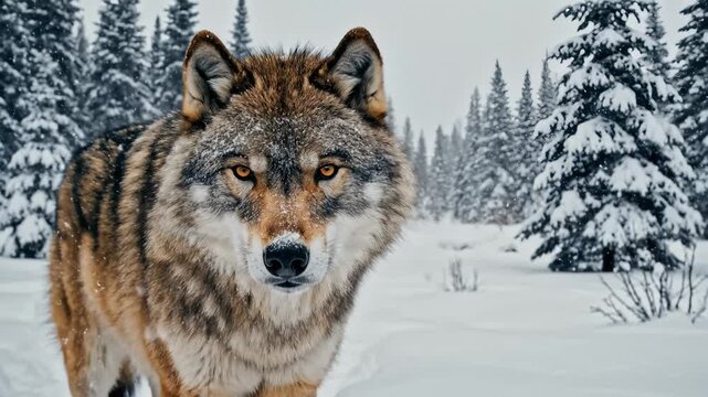 Gray Wolf Staring Directly at Camera in Snowy Forest