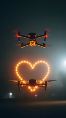 Two drones illuminated with bright lights soar through the dark sky, forming a heart shape above a gathering of people enjoying an evening celebration. The scene is filled with excitement
