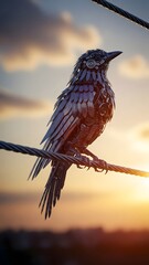 A stunning mechanical bird sits on a wire as the sun sets, casting a warm glow