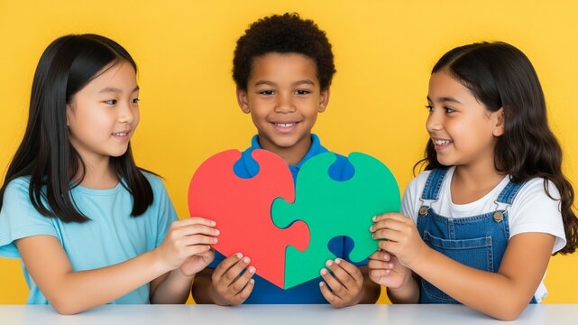 Diverse Children Connecting Heart Puzzle Pieces Together, Unity and Friendship Concept