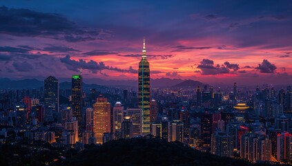 Fototapeta premium Aerial view of Taipei skyline during sunset, showcasing 101 Tower among contemporary skyscrapers, urban density