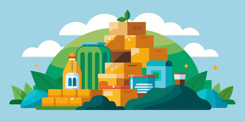 Pile of bioplastic packaging materials with green leaves and blue sky  