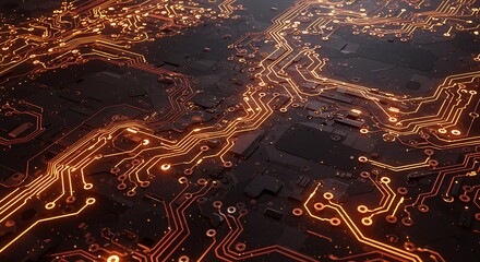 Close-up of a digital circuit board with glowing golden pathways. Technology abstract