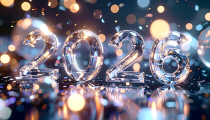 Sparkling crystal numbers of "2026" illuminated by bokeh lights and falling confetti, creating a festive and celebratory atmosphere.
