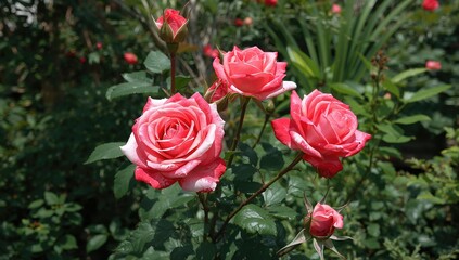 Fototapeta premium Two-toned roses flourishing amidst a vibrant tropical garden, showcasing summer's beauty, nature's richness