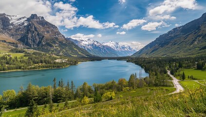 Fototapeta premium Holiday adventures and sightseeing. Summer mountain scenery with snowy peaks in the distance.