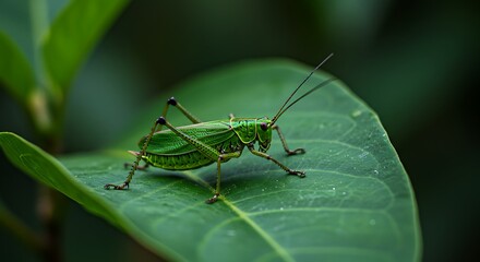 Close-up of a vibrant green grasshopper perched on a large, textured leaf amidst lush foliage