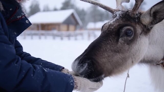 santa feeding reindeer person in snowy winter landscape