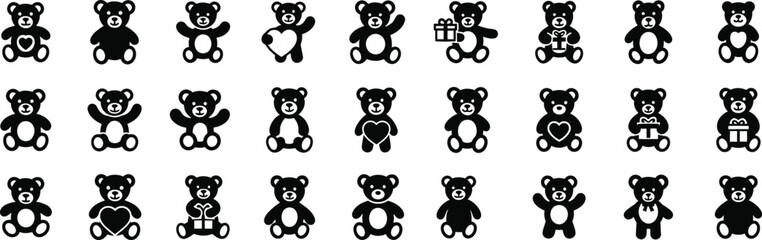 Collection of diverse teddy bear icons with unique poses and accessories symbolizing childhood play and affection silhouette