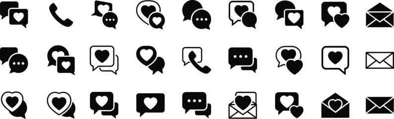 Collection of social media and communication icons featuring hearts and messages perfect for digital marketing and online platforms silhouette