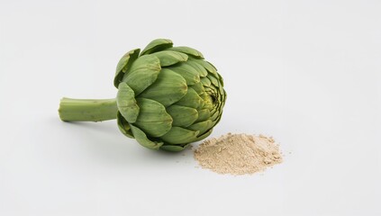 Fototapeta premium Fresh artichoke and powder displayed on white background, fiber-dense choice