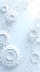 Abstract 3D render of interlocking white gears and circuitry on a light blue background, symbolizing technology and mechanics.