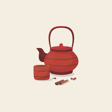 red teapot and cup with spices clip art preview