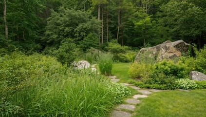 A picturesque summer scene featuring vibrant green gardens and a winding stone walkway, emphasizing the enchanting charm of nature outdoors