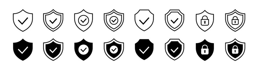 Fototapeta na wymiar Security shield icon set. Shield check mark symbols. Protection and padlock logotypes. Vector illustration.