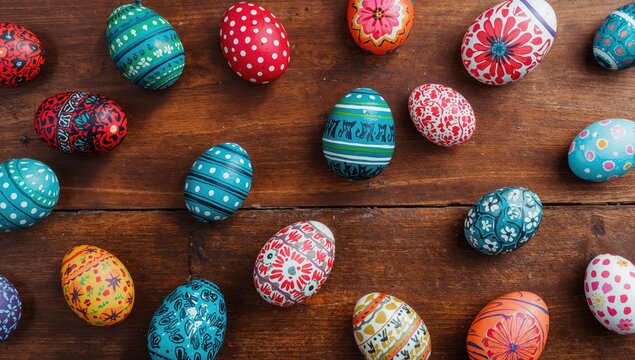 Decorative Easter Eggs Displayed on Rustic Wood Surface
