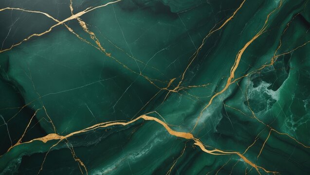 Elegant Dark Evergreen Marble with Gold Veins. Luxurious Deep Green Stone Texture. Abstract Natural Pattern for Backdrop