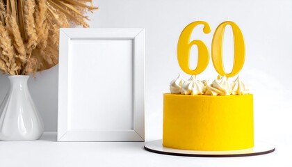 A yellow cake topped with "60" and cream swirls next to a framed photo