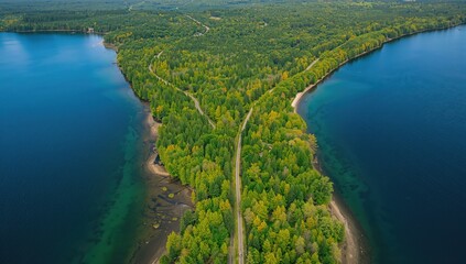 Aerial perspective of a road winding through lush summer forests beside a blue lake, seasonal change