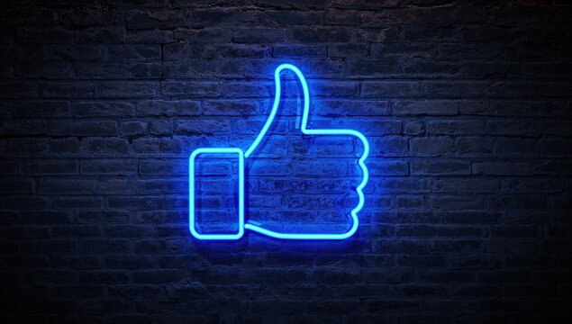 Bright blue neon thumbs up sign glowing against a brick wall, a celebratory gesture for encouragement