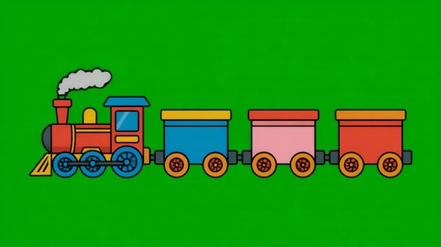 Colorful illustration of a toy train with multiple cars on a green background, a playful and vibrant depiction of transportation for children