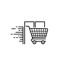 Fast shopping cart with boxes line icon for quick delivery service.