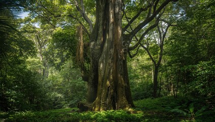 Obraz premium Large tree within woodland setting. Lush greenery backdrop