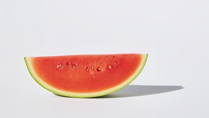 Close-up of a triangular red watermelon segment on a plain white backdrop