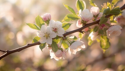 Obraz premium Blossoming apple tree branch with blurred backdrop, seasonal change