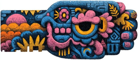 Stylized, colorful, abstract creature with ornate details and a vivid background