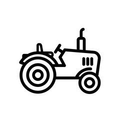 Simple black line art icon of a farm tractor, side profile with a large rear wheel and exhaust pipe.