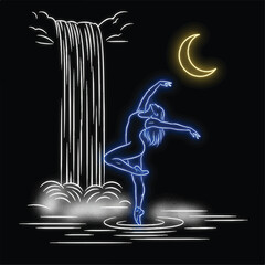 Fototapeta premium Neon ballerina dancing by a waterfall under a crescent moon.