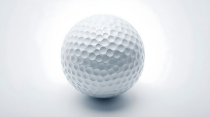 A close-up image of a white golf ball, detailed with dimples, is centered on a plain white background. The ball's smooth texture and spherical shape are highlighted by soft lighting and subtle shadows