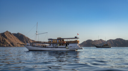 Obraz premium A serene scene shows traditional boats floating on clear blue waters, surrounded by breathtaking rocky mountains rising majestically in the background, Komodo archipelago, Indonesia