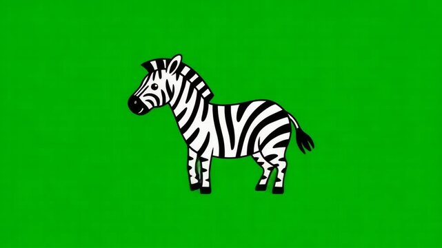 A whimsical cartoon zebra standing against a bright green screen, ideal for educational videos or animated content creation, with its bold stripes