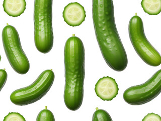 Fresh cucumbers and slices falling on transparent background