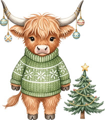 Watercolor Christmas Highland Cow with Sweater and Decorated Fir Tree
