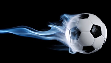 Dynamic soccer ball in motion with blue smoke trails against a dark background