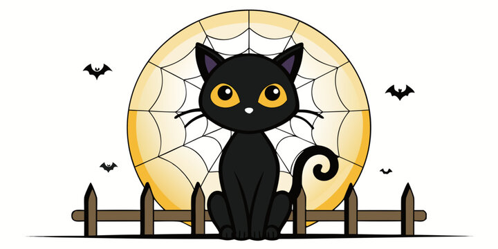 🕸️ Black cat sitting on a fence under a full moon, spider webs glowing, mysterious magical aura
