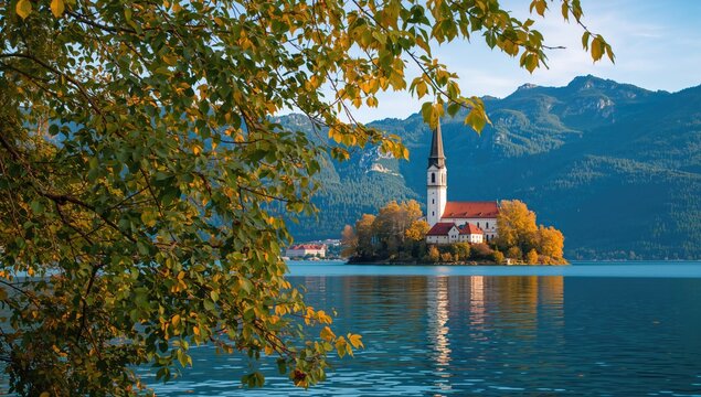 Autumn scenery featuring a tranquil lake, evening twilight glow, mountain backdrop, seasonal change