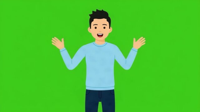 Animated man gesturing with open hands on a green screen, perfect for explainer videos, presentations, and interactive content creation