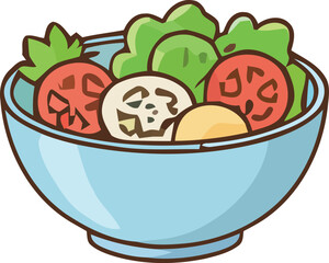 Cartoon Salad Bowl with Tomatoes Lettuce Egg and Mushrooms