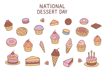 A set of colorful doodle desserts isolated on a white background. Hand-drawn sweet cakes, cupcakes, ice cream, delicious baking menu. International Dessert Day.