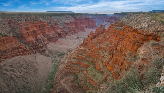 Eroded red clay badlands from the Pleistocene era along a river valley in a remote natural setting