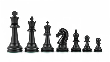 Black chess pieces arranged by rank on a white backdrop, strategic game elements