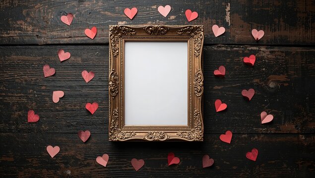 Blank photo frame and love hearts on wooden table texture, vintage aesthetic for creative layouts - Powered by Adobe