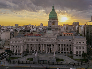 Aerial view of the Congress, the Argentine National Congress, located in the city of Buenos Aires, Argentina at sunset. Legislative branch of Argentina.