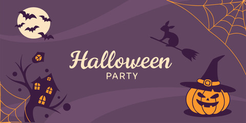 Fototapeta premium Halloween party background with flying witch pumpkins bats and festive bunting in flat cartoon style .