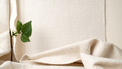 Minimalist aesthetic with plant and fabric backdrop.