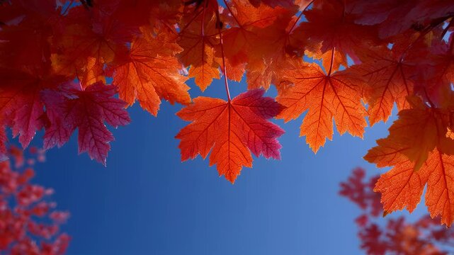 Stunning Vibrant Autumn Maple Leaves Changing Color: Beautiful Hues of Red, Orange, and Purple Foliage on a Tree Branch
